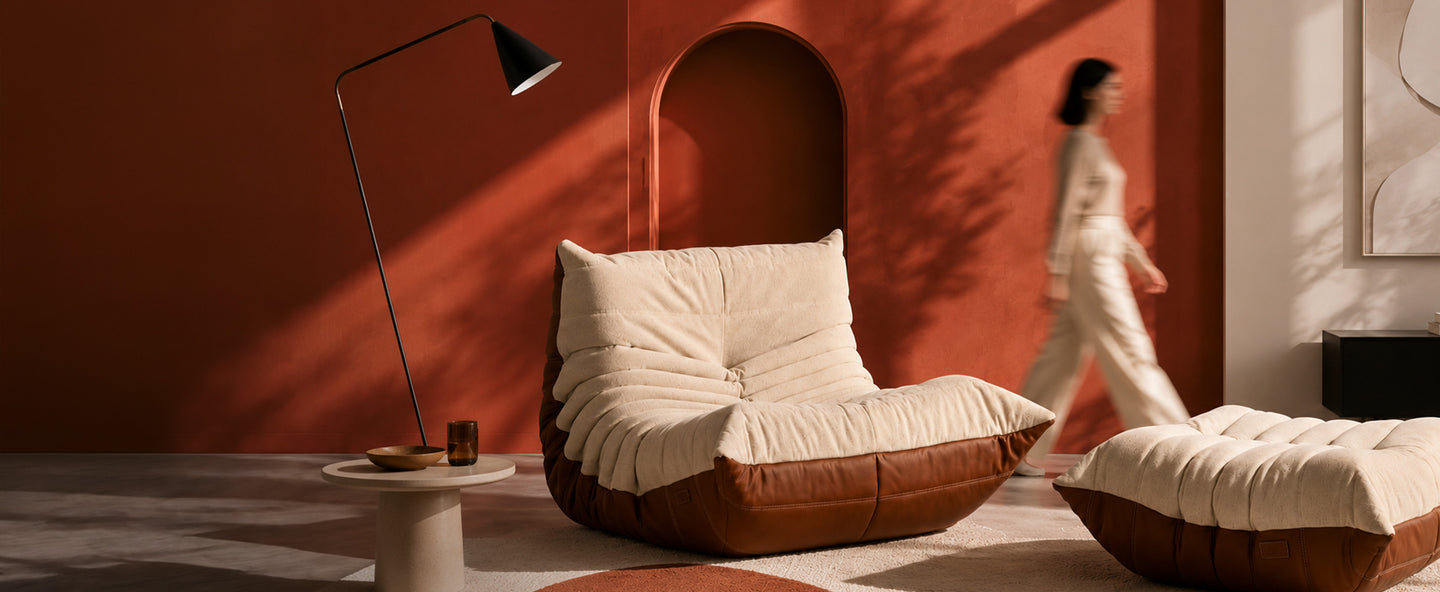 A curated modern living room with sculptural furniture